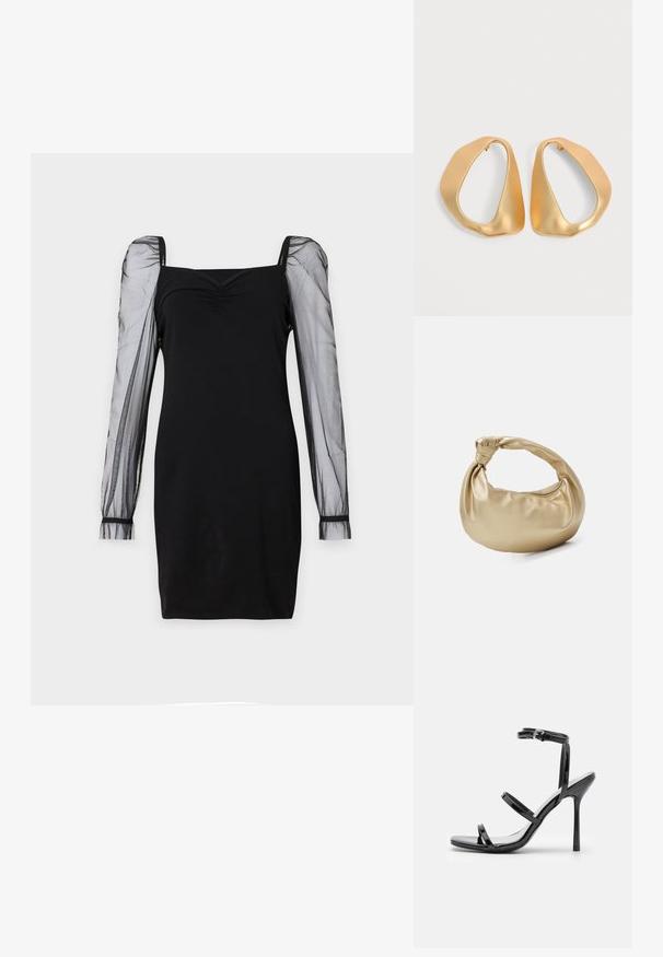 Schwarzes Kleid mit quadratischem Ausschnitt, tailliertem Oberteil und durchsichtigen langen Puffärmeln mit Bündchen. Glatte Textur mit schicker Silhouette.; Schwarze Lackleder-High-Heel-Sandalen mit drei horizontalen Riemen und einem verstellbaren Knöchelriemen. Schlanke Silhouette und glänzende Oberfläche.; Goldfarbene Metall-Handtasche mit glatter, glänzender Textur. Verfügt über einen geknoteten Griff und eine abgerundete, weiche Form. Reißverschlussverschluss an der Oberseite.; Paar unregelmäßiger, asymmetrischer goldener Creolen mit glatter, matter Oberfläche vor neutralem Hintergrund.