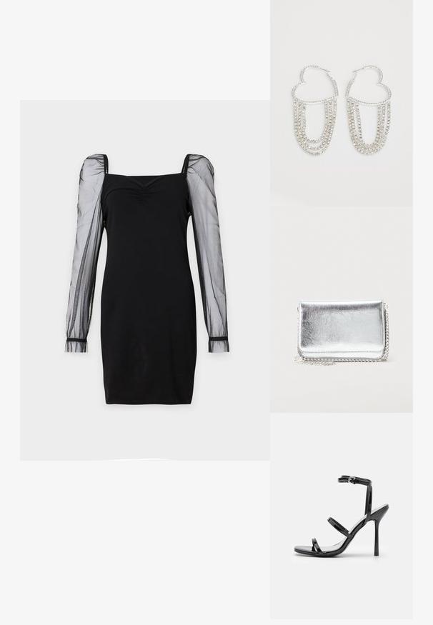 Schwarzes Kleid mit quadratischem Ausschnitt, tailliertem Oberteil und durchsichtigen langen Puffärmeln mit Bündchen. Glatte Textur mit schicker Silhouette.; Schwarze Lackleder-High-Heel-Sandalen mit drei horizontalen Riemen und einem verstellbaren Knöchelriemen. Schlanke Silhouette und glänzende Oberfläche.; Kleine rechteckige silberne Metalltasche mit Kettenriemen, die auf einer hellen Oberfläche liegt, geschlossene Klappe zeigt nach vorne.; Silberne Creolen in Herzform, verziert mit herabhängenden Strängen aus klaren Strasssteinen für zusätzlichen Glanz und Textur.