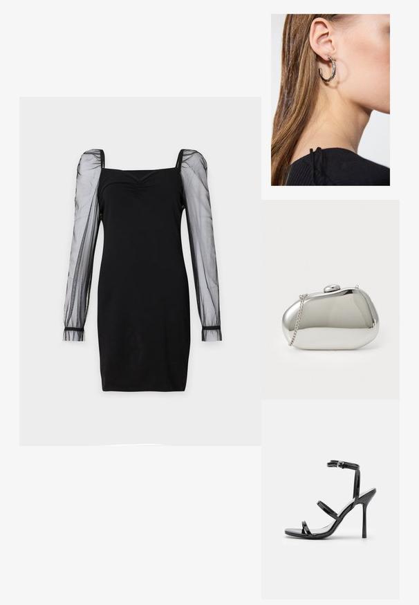 Vestido negro con escote cuadrado, cuerpo ajustado y mangas largas abullonadas transparentes con puños. Textura suave con una silueta elegante.; Sandalias de tacón alto de charol negro con tres tiras horizontales y una correa en el tobillo ajustable. Silueta elegante y acabado brillante.; Clutch de metal plateado con forma redondeada y suave. Cuenta con un cierre de broche y una cadena desmontable. Superficie reflectante sin patrones.; Pendiente de aro de plata con un acabado pulido, que presenta pequeños detalles en dorado y una forma redonda, llevado en el lóbulo.