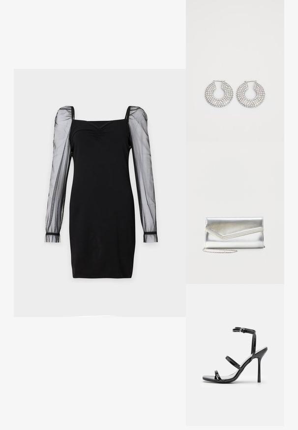 Schwarzes Kleid mit quadratischem Ausschnitt, tailliertem Oberteil und durchsichtigen langen Puffärmeln mit Bündchen. Glatte Textur mit schicker Silhouette.; Schwarze Lackleder-High-Heel-Sandalen mit drei horizontalen Riemen und einem verstellbaren Knöchelriemen. Schlanke Silhouette und glänzende Oberfläche.; Glänzende silberne Clutch mit Umschlagklappe und dekorativem Besatz, kleiner silberner Kettenriemen, auf einfachem hellem Hintergrund.; Silberne Creolen, verziert mit mehreren klaren Kristallverzierungselementen, mit einer strukturierten Oberfläche und einem offenen, kreisförmigen Design.