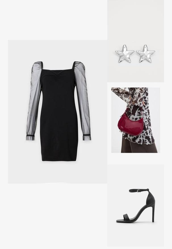 Schwarzes Kleid mit quadratischem Ausschnitt, tailliertem Oberteil und durchsichtigen langen Puffärmeln mit Bündchen. Glatte Textur mit schicker Silhouette.; Schwarze hochhackige Sandale mit elegantem Design, featuring einem Knöchelriemen, offener Zehenpartie und glattem Lederfinish.; Frau trägt eine schwarz-weiß gemusterte Bluse und hält eine glänzende rote Schultertasche vor einem einfarbigen Hintergrund.; Silberne sternförmige Ohrringe mit einer polierten, glänzenden Oberfläche. Jeder Ohrring hat fünf Spitzen und dezente Oberflächentexturdetails.