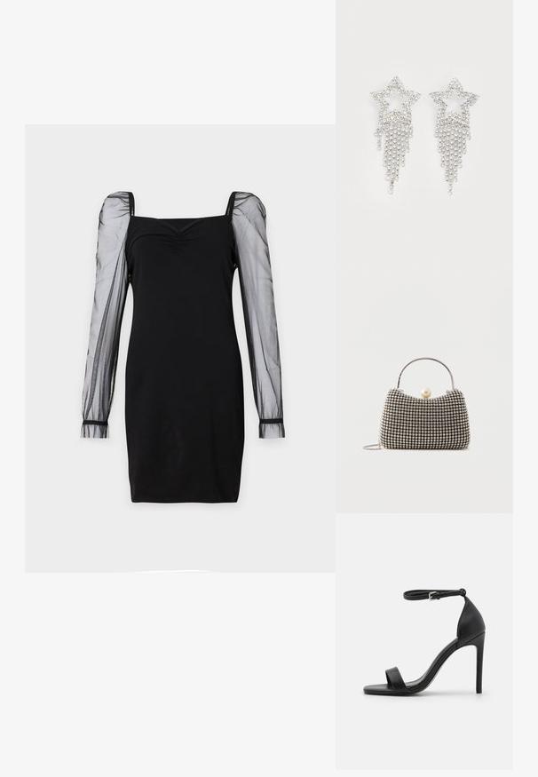 Vestido negro con escote cuadrado, cuerpo ajustado y mangas largas abullonadas transparentes con puños. Textura suave con una silueta elegante.; Sandalia de tacón alto negra con un diseño elegante, que cuenta con una correa en el tobillo, punta abierta y una textura de cuero suave.; Pequeño bolso de mano con patrón de cuadrícula plateada, asa curva, gran cierre de perla y una delgada correa de cadena plateada sobre un fondo liso.; Pendientes en forma de estrella con strass y detalles de flecos en cascada, con un tono plateado y una superficie brillante y reflectante. Forma de estrella con un diseño intrincado.