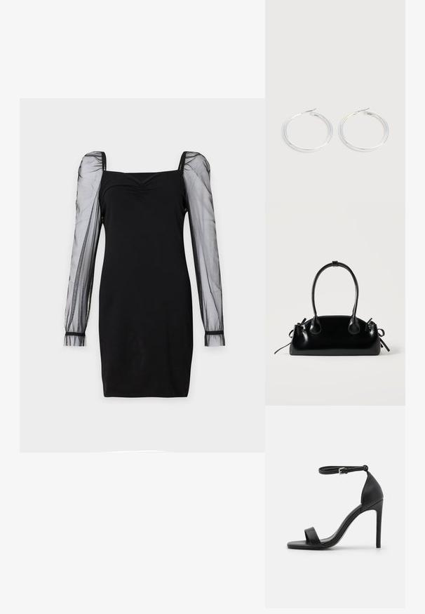 Vestido negro con escote cuadrado, cuerpo ajustado y mangas largas abullonadas transparentes con puños. Textura suave con una silueta elegante.; Sandalia de tacón alto negra con un diseño elegante, que cuenta con una correa en el tobillo, punta abierta y una textura de cuero suave.; Pequeño bolso negro brillante con dos asas largas y detalles de cordón lateral sobre un fondo claro liso.; Pareja de pendientes de aro plateados brillantes con cierres de alambre delgado, mostrados sobre un fondo gris claro.