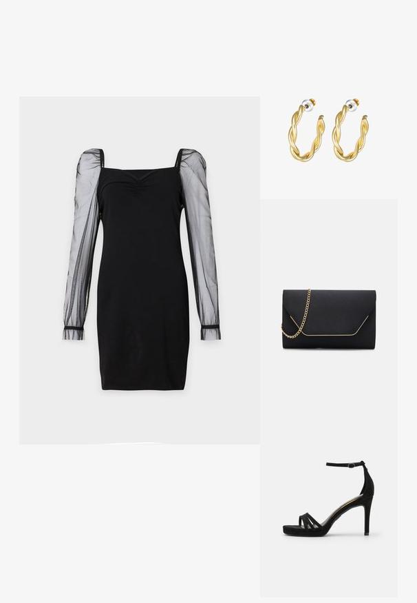 Robe noire avec un décolleté carré, un buste ajusté et des manches longues en organza transparent avec des poignets. Texture lisse avec une silhouette élégante.; Sandale à talon haut en daim noir avec une ouverture à l'avant, comportant trois bandes étroites sur le devant et une bride de cheville ajustable.; Pochette noire au toucher lisse, dotée d'une chaîne en or et d'une fermeture à rabat géométrique rehaussée de doré.; Boucles d'oreilles créoles dorées torsadées avec une surface lisse, présentant un dos transparent et une quincaillerie dorée.
