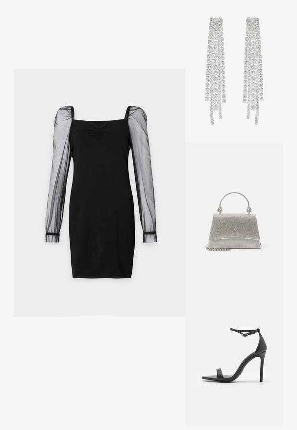 Zwart jurkje met een vierkante halslijn, fitted lijfje en doorzichtige lange pofmouwen met manchetten. Glossy textuur met een slanke silhouet.; Zwarte hoge hakken sandalen met een open teen, dunne banden en een enkelsluiting. Gladde leren textuur met een puntige neus.; ALDO FELISIA - Handtas - silver-coloured; Lange zilveren oorbellen met een scala aan heldere, facetteerde kristallen in een waterval van strengen met variërende lengtes en vormen.