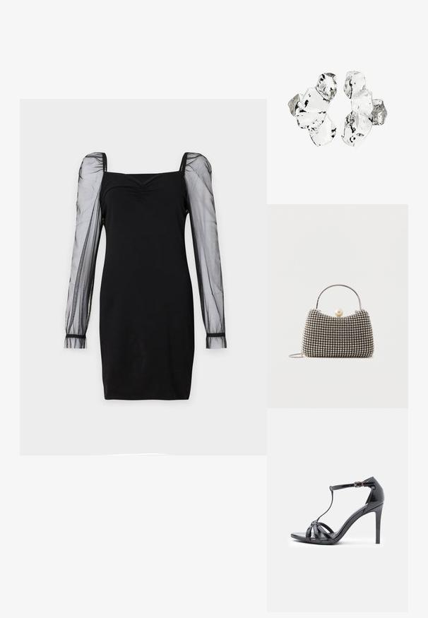Schwarzes Kleid mit quadratischem Ausschnitt, tailliertem Oberteil und durchsichtigen langen Puffärmeln mit Bündchen. Glatte Textur mit schicker Silhouette.; Schwarze Lackleder-Sandaletten mit hohen Absätzen, dünnen Riemen, T-Bar-Design, Schnallenverschluss und einer eleganten, kurvigen Silhouette.; Kleine Handtasche mit silbernem Gittermuster, gebogenem Griff, großem Perlenverschluss und einem dünnen silbernen Kettenriemen auf schlichtem Hintergrund.; Cluster von sechs unregelmäßig geformten, transluzenten und reflektierenden glasähnlichen Stücken, angeordnet auf weißem Hintergrund.