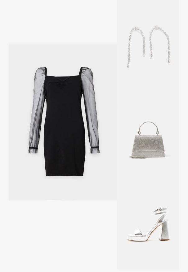 Schwarzes Kleid mit quadratischem Ausschnitt, tailliertem Oberteil und durchsichtigen langen Puffärmeln mit Bündchen. Glatte Textur mit schicker Silhouette.; Silberne metallic High-Heel-Sandale mit Knöchelriemen, Blockabsatz und offenem Zehenbereich auf einfachem hellem Hintergrund.; ALDO FELISIA - Handtasche - silver-coloured; Silberohrringe mit herabhängenden Ketten, die mehrere klare Edelsteine in einem linearen Muster angeordnet haben und einen schimmernden Effekt bieten.