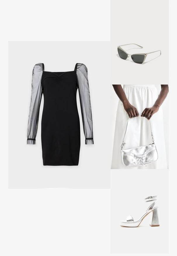 Robe noire avec un décolleté carré, un buste ajusté et des manches longues en organza transparent avec des poignets. Texture lisse avec une silhouette élégante.; Sandale à talon haut métallique argenté avec bride à la cheville, talon bloc et bout ouvert sur un fond clair uni.; Lunettes de soleil triangulaires argentées avec des verres foncés. La monture présente un motif texturé et de petites embellissements aux coins. Structure en métal élégante.; Sac à main en métal argenté avec un détail à lacets, arborant un design épuré et une courte sangle. Le sac est tenu dans les mains, mettant en valeur sa texture.