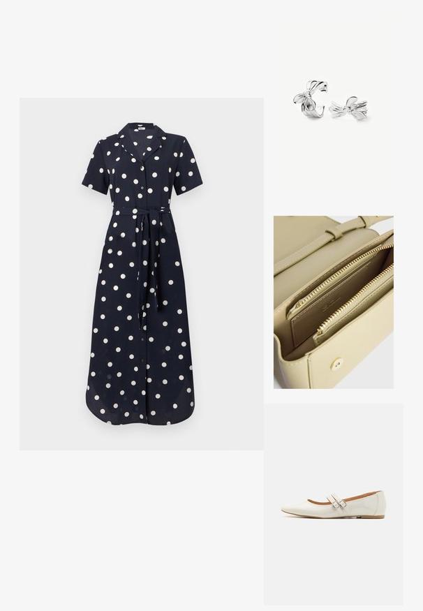 Navyblaues Kleid mit kurzen Ärmeln, weißen Punkten, durchgehender Knopfleiste und gebundenem Gürtel in der Taille, aus einem glatten Stoff gefertigt. Langes und fließendes Design.; Weiße Lacklederschuhe mit spitzem Zehen, zwei dekorativen Riemen mit silbernen Schnallen und einer dezenten braunen Sohle.; Hellgrüne Lederhandtasche mit goldenen Beschlägen, ausgestattet mit Reißverschluss- und Einschubfächern sowie sichtbaren Nähdetails.; Silberne, verdrehte Ohrringe in Knotenform mit glatter, polierter Oberfläche, einer von der Seite und einer von vorne auf weißem Hintergrund dargestellt.