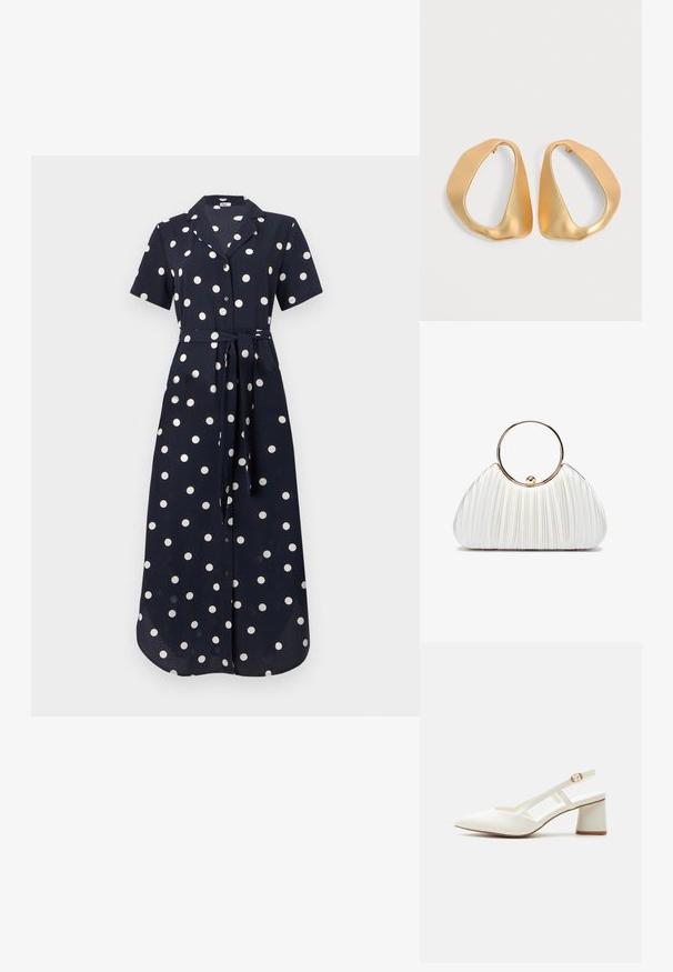 Navyblaues Kleid mit kurzen Ärmeln, weißen Punkten, durchgehender Knopfleiste und gebundenem Gürtel in der Taille, aus einem glatten Stoff gefertigt. Langes und fließendes Design.; Weißer Slingback-Schuh mit niedrigem Blockabsatz, spitzer Zehenpartie, dünnem verstellbarem Riemen und goldener Schnalle vor einem einfarbigen Hintergrund.; Weiße plissierte Handtasche mit einem runden goldenen Griff, aus weichem Stoff und in runder Form. Elegantes Design mit einer strukturierten Oberfläche.; Paar unregelmäßiger, asymmetrischer goldener Creolen mit glatter, matter Oberfläche vor neutralem Hintergrund.