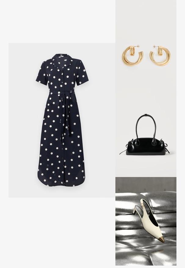Navyblaues Kleid mit kurzen Ärmeln, weißen Punkten, durchgehender Knopfleiste und gebundenem Gürtel in der Taille, aus einem glatten Stoff gefertigt. Langes und fließendes Design.; Weißer Slingback-Pumps mit goldener, spitzer Zehenkappe, präsentiert auf einer glänzenden, silbernen, gesteppten Metalloberfläche.; Kleine schwarze glänzende Handtasche mit zwei langen Griffen und seitlichen Kordelzug-Details vor einfachem hellem Hintergrund.; Paar glänzende goldene Doppel-Loop-Creolen mit Steckverschlüssen vor weißem Hintergrund.