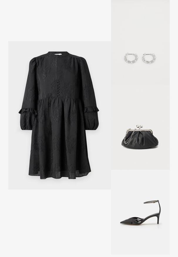 Hofmann Copenhagen ERLA - Päevakleit - black; Must mustaharjal süngeteisega kingad, millel on terav varvas, avatud küljed ja õhuke pahkluuring, kus on väike kuldne detail.; Musthave musta nahast käekott, millel on volditud tekstuur, hõbedane metallraam, lukustatud sulgemismehhanism ja kett. Sile ja pehme pind.; Hõbedased rõngaskõrvarõngad, millel on pärli ja kristallide aktsendid, reljeefse pinna ja turvalise postikinnitusega.