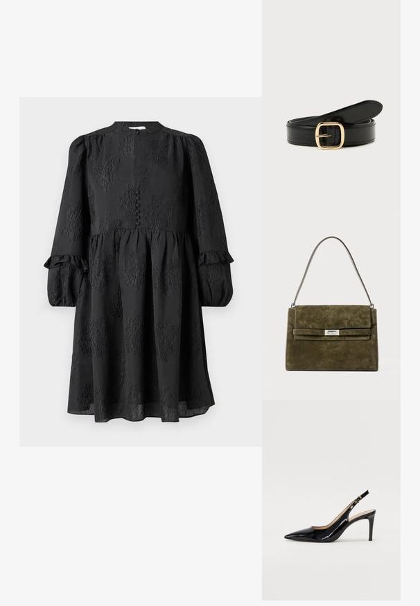 Hofmann Copenhagen ERLA - Vapaa-ajan mekko - black; Musta lakattu nahkainen slingback-korkokenkä, jossa on terävä kärki, kapea korko ja hillitty leikkaussuunnittelu. Varressa on kultainen solki.; Vihreä mokkinen käsilaukku, jossa on suorakulmainen muoto, hopeanvärinen lukitus ja hoikka olkahihna. Mukana taitettu läppä ja hienovarainen tekstuuri.; Musta nahkavyö kiiltävällä kultaisella suorakaiteen muotoisella soljella, rullattuna vaalealle taustalle.