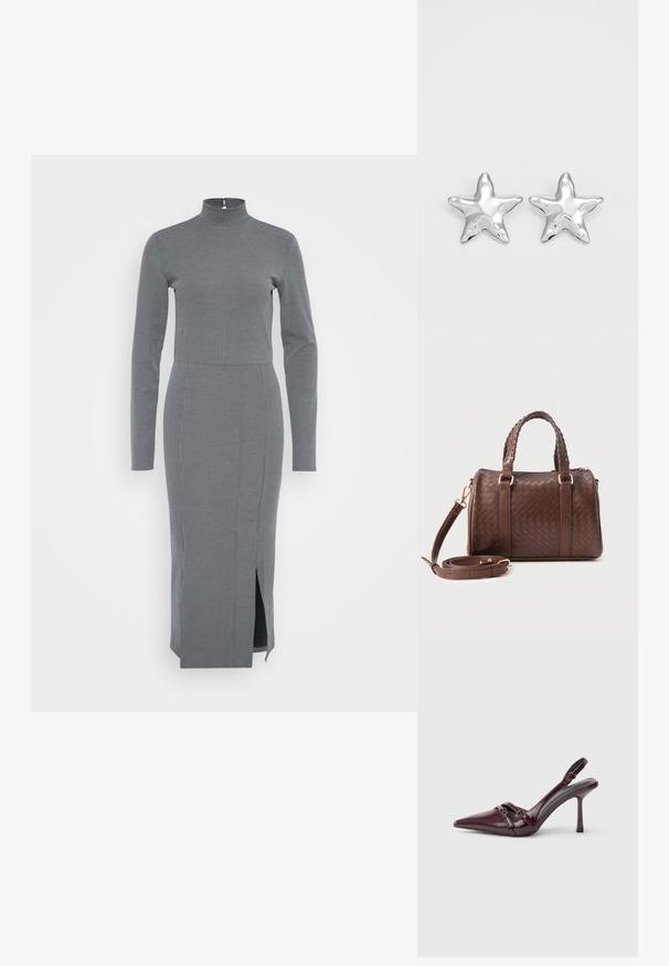 Grå ribbet kjole med høj hals og lange ærmer, der har en sideslids for nem bevægelse og en tætsiddende silhuet.; Bourgogne laklæder slingback-hæl med spids tå, tynd ankelrem og lille dekorativ spænde. Glat tekstur og høj hæl.; Mørkebrun flettet læderhåndtaske med to fletninger som håndtag, gyldent metalbeslag og aftagelig skulderrem, der er snoet foran.; Sølvstjernede øreringe med en poleret, blank overflade. Hver ørering har fem spidser og subtile teksturdetaljer på overfladen.