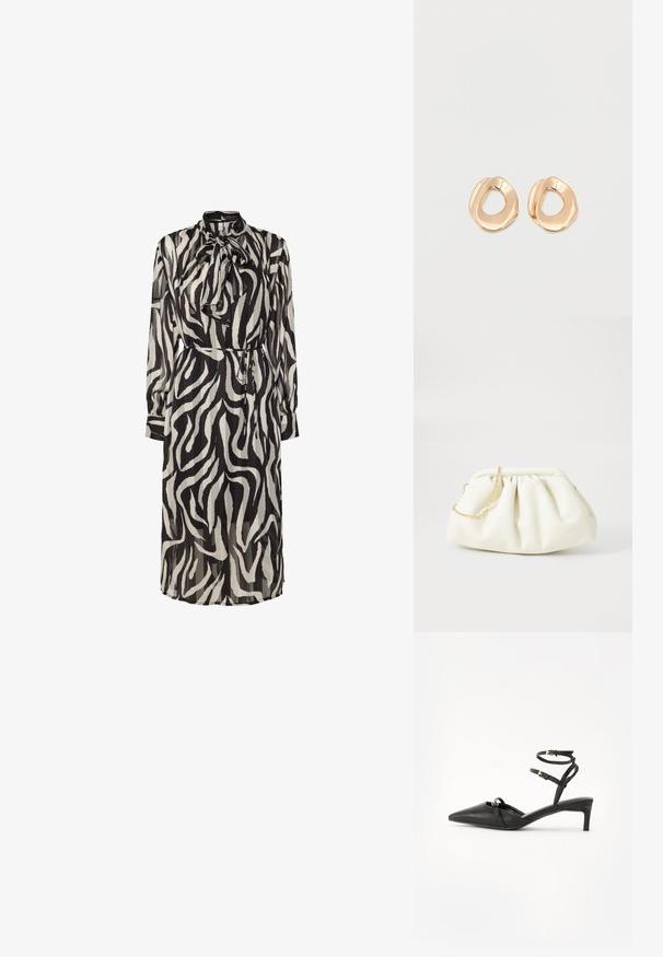Langes, schwarz-weiß gestreiftes Zebra-Muster-Kleid mit hohem Kragen, Bindetail und tailliertem Schnitt. Transparenter Stoff und lange Ärmel.; Schwarze Leder-Slingback-Pumps mit spitzem Zehenbereich, dünnen Knöchelriemen, goldfarbenen Hardware-Akzenten und einem schmalen Absatz. Glatte Textur und minimalistisches Design.; Weiße Lederhandtasche mit einem gerafften Design, ausgestattet mit einem goldenen Kettenriemen und einer runden Form. Glatte Textur mit sanften Falten und ohne Muster.; Paar unregelmäßig geformter, polierter Creolen aus goldfarbenem Metall mit offenem Zentrum auf weißem Hintergrund.