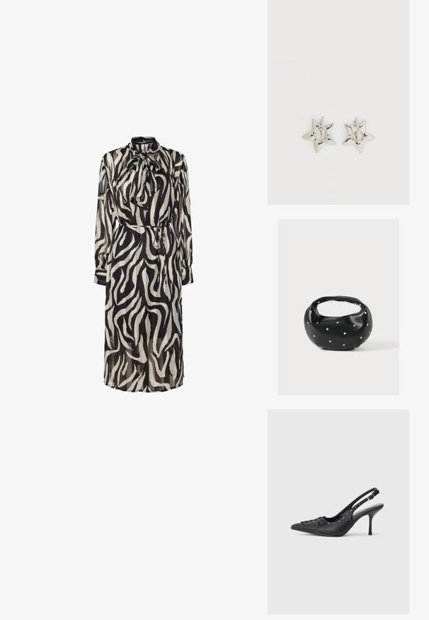 Langes, schwarz-weiß gestreiftes Zebra-Muster-Kleid mit hohem Kragen, Bindetail und tailliertem Schnitt. Transparenter Stoff und lange Ärmel.; Schwarzer Leder-Slingback-Stiletto mit spitzem Zehenaufsatz, seitlichem Schnallenriemen, Nieten entlang der Kante und dekorativer Schnürung vorne.; Schwarze Lederhandtasche mit abgerundeter Form, verziert mit silbernen Nietenakzenten und kurzem Griff. Glatte Struktur und Reißverschlussverschluss.; Silberne, sternförmige Creolen mit einer glatten, polierten Oberfläche auf weißem, schlichtem Hintergrund.