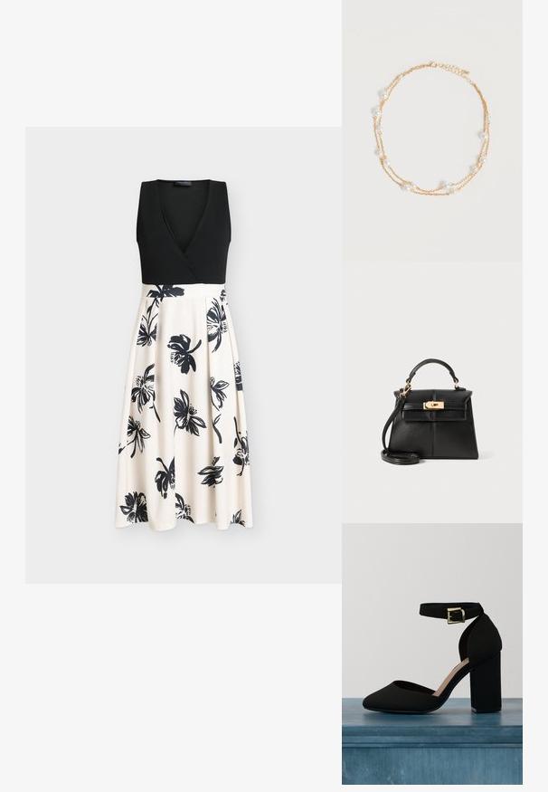 Sort ærmeløs kjole med en omslagsbluse og et flydende beige skørt med sorte blomsterprint. Glat stof med en tætsiddende overdel.; Sort højhælet sko med en glat tekstur, spids tå og en tyk blokhæl. Har en ankelrem med en guldtonet spænde.; Sort læderhåndtaske med en struktureret design, topstrop, aftagelig rem og hårdvarer i guldtonede på en magnetisk lukning.; Delikat dobbeltlags guldkæde med jævnt fordelt små hvide perler på en ensartet lys baggrund.