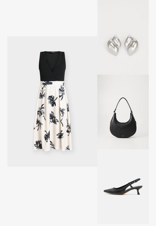 Schwarzes ärmelloses Kleid mit Wickeloberteil und einem fließenden beigen Rock mit schwarzen Blumenmustern. Glatter Stoff mit enganliegendem Oberteil.; Schwarzer Leder-Slingback-Schuh mit spitzem Zehenbereich, niedrigem Blockabsatz, ausgeschnittenem Seitendetail und verstellbarem Knöchelriemen. Glatte Textur über das gesamte Design.; Schwarze Lederhandtasche mit geschwungener Silhouette, einem einstellbaren Tragegurt, goldfarbenen Beschlägen und dezenten geprägten Logo-Details.; Silberne Ohrringe mit einer organischen, abstrakten Form. Glatte, glänzende Oberfläche mit einem konischen Design. Mit dezenten Kurven und einem zentralen Linienelement.