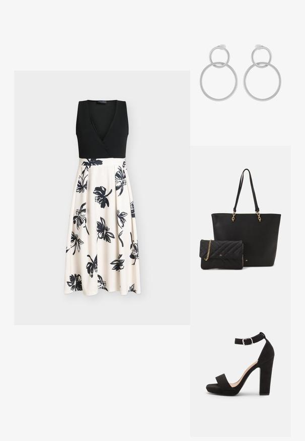 Schwarzes ärmelloses Kleid mit Wickeloberteil und einem fließenden beigen Rock mit schwarzen Blumenmustern. Glatter Stoff mit enganliegendem Oberteil.; Anna Field Riemensandalette - black; Schwarze Taschen aus Kunstleder mit zwei stabilen Griffen und goldfarbener Hardware, kombiniert mit einer kleinen gepolsterten schwarzen Clutch mit einer Kettenriemen.; Silberne Ohrringe aus Metall mit zwei miteinander verbundenen Kreisen, einem größeren und einem kleineren, mit gebürsteter Oberfläche und Steckverschluss.