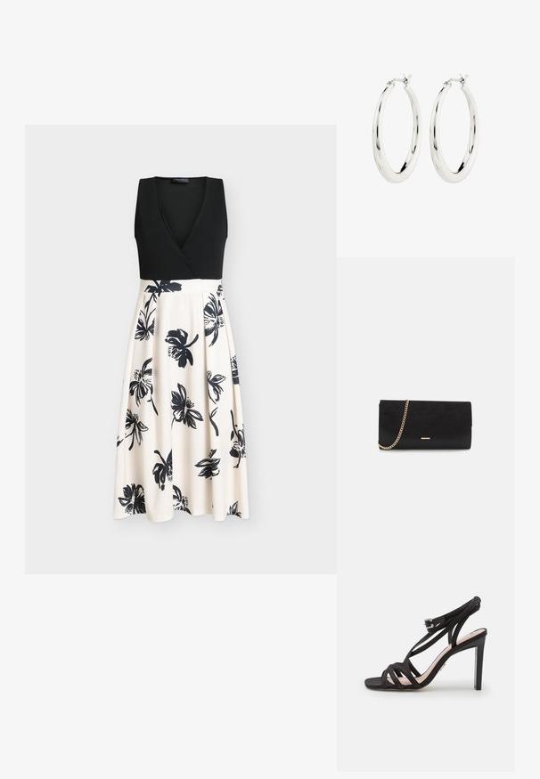 Musta hihaton mekko, jossa on kietaisupäällinen ja liehuva beige hame, jossa mustia kukkakuvioita. Sileä kangas ja vartalonmyötäinen yläosa.; Bronx ALADIN - Sandaalit nilkkaremmillä - black; Musta clutch-laukku, joka on valmistettu sametista ja jossa on teksturoitu pinta. Laukussa on kultaketju ja tyylikäs, kulmikas muoto.; Hope hopea, joissa on sileä ja kiiltävä pinta. Pyöreä muoto, jossa on turvallinen suljin. Yksinkertainen ja elegantti muotoilu.