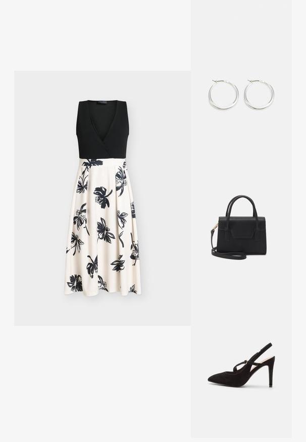 Vestido negro sin mangas con un top cruzado y una falda beige fluida con estampados florales negros. Tela suave con un corpiño ajustado.; Anna Field LEATHER - Tacones - black; Bolso estructurado negro de cuero con un asa superior, correa de hombro desmontable y un detalle de tapa en la parte frontal. Acentos en dorado.; Los pendientes de aro de plata presentan un diseño suave y redondeado con un perfil delgado y un cierre seguro. Estilo minimalista con un acabado pulido.