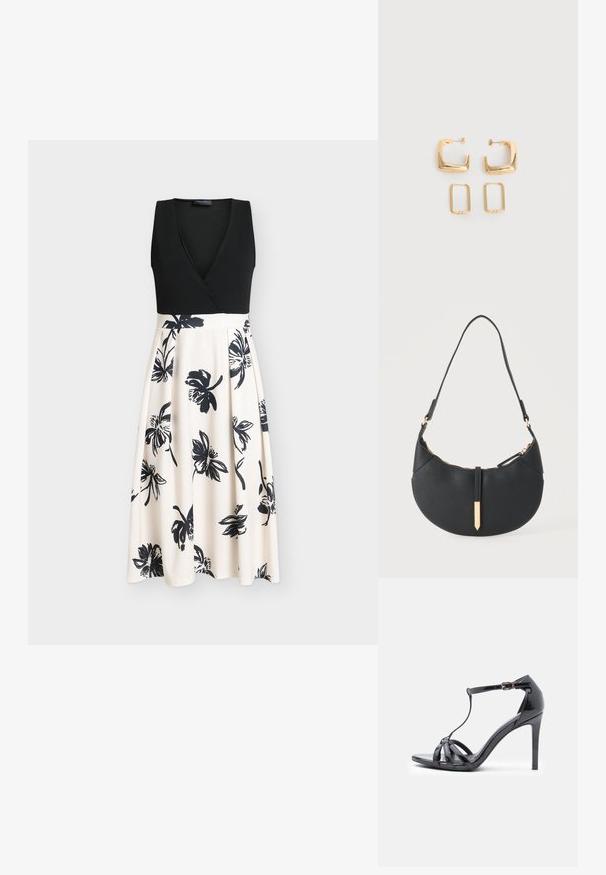 Vestido negro sin mangas con un top cruzado y una falda beige fluida con estampados florales negros. Tela suave con un corpiño ajustado.; Sandalia de tacón alto de charol negro con correas finas, diseño en forma de T, cierre de hebilla y una silueta curva y elegante.; Bolso negro en forma de media luna con una sola correa, cremallera dorada y una lengüeta decorativa rectangular dorada en la parte delantera.; Dos pares de pendientes de aro geométricos en tono dorado sobre una superficie blanca lisa, un par cuadrados y sólidos, un par rectangulares y huecos.