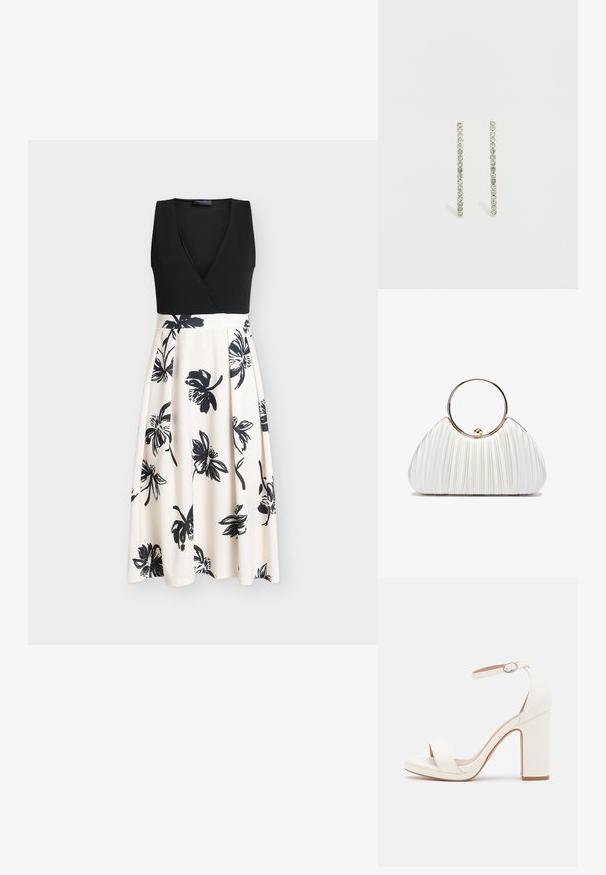 Vestido negro sin mangas con un top cruzado y una falda beige fluida con estampados florales negros. Tela suave con un corpiño ajustado.; Sandalias de tacón alto blancas con correa en el tobillo, diseño minimalista, punta abierta, tacón cuadrado y textura de cuero suave.; Bolso de mano blanco plisado con un asa circular dorada, que presenta un tejido suave y una forma redondeada. Diseño elegante con un acabado texturizado.; Pendientes lineales de tono plateado con pequeños cristales transparentes dispuestos en una línea vertical, realzando su diseño elegante y minimalista.