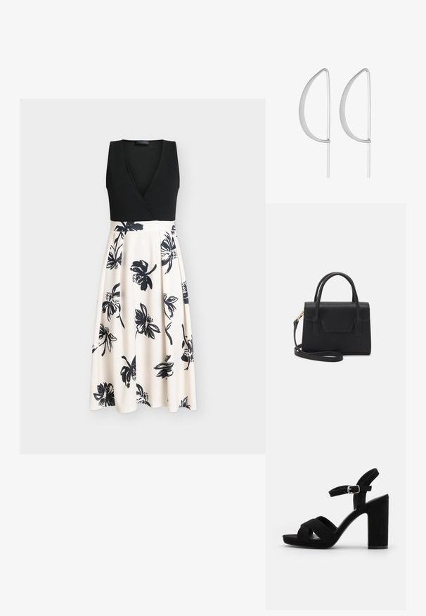 Vestido negro sin mangas con un top cruzado y una falda beige fluida con estampados florales negros. Tela suave con un corpiño ajustado.; Las sandalias de tacón de ante negro cuentan con una punta abierta, tiras cruzadas y una correa en el tobillo con una hebilla plateada. El tacón de bloque añade estabilidad.; Bolso estructurado negro de cuero con un asa superior, correa de hombro desmontable y un detalle de tapa en la parte frontal. Acentos en dorado.; Pendientes de metal plateado con un diseño curvado minimalista, que presentan formas de lágrima abiertas y alargadas con un acabado mate.