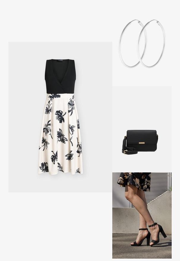 Schwarzes ärmelloses Kleid mit Wickeloberteil und einem fließenden beigen Rock mit schwarzen Blumenmustern. Glatter Stoff mit enganliegendem Oberteil.; Schwarze Wildleder-High-Heelsandalen mit einem Knöchelriemen und einer Schnalle, offener Zehenpartie und einem stabilen Absatz. Glatte Textur und minimalistischer Stil.; Schwarze Leder-Crossbody-Tasche mit Klappenverschluss, goldenen Beschlägen, verstellbarem Tragegurt und strukturiertem Material. Kompakte, rechteckige Form.; Silberfarbene Creolen mit einer glatten, runden Form und einer polierten Oberfläche. Beide Ohrringe haben die gleiche Größe und verfügen über einen sicheren Verschlussmechanismus.