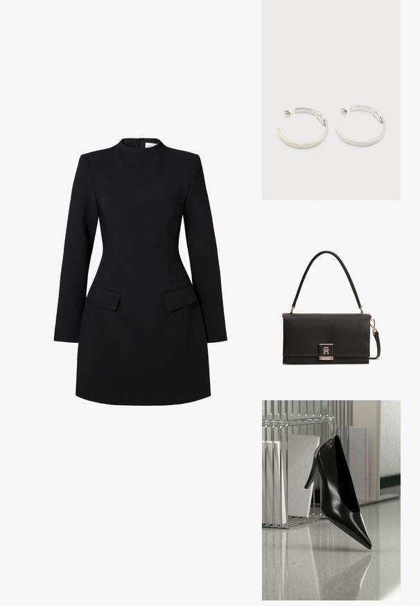 Sort kjole med høj krave, lange ærmer og tætsiddende silhouette. Har to frontlommer og syningsdetaljer for et struktureret look.; Sort højhælet sko med spids tå og guldlogo, placeret på en reflekterende overflade nær en krom trådfilholder med dokumenter.; Sort tekstureret læderhåndtaske med topgreb, guldfarvet lås med indflettet TH-logo og aftagelig skulderrem.; Sølvfarvede halvcirkelformede creoler med riflet tekstur og trykknapslukning på hvid baggrund.
