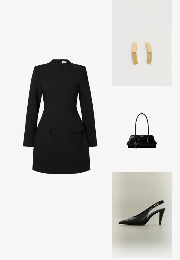 Sort kjole med høj krave, lange ærmer og tætsiddende silhouette. Har to frontlommer og syningsdetaljer for et struktureret look.; Sort læder slingback med spids tå, høj hæl, guldlås og tilspidset hæl på en neutral baggrund.; Sort skuldertaske i krokodillelæder med lange stropper og lille sølvlogo-charm på den ene strop.; Guldtonede metaløreringe med et bøjet, langstrakt design. Overfladen er glat og poleret med en minimalistisk stil.