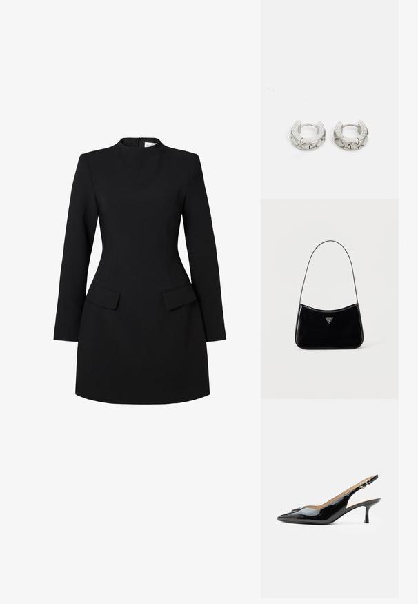 Schwarzes Kleid mit hohem Kragen, langen Ärmeln und figurbetonter Silhouette. Besitzt zwei vordere Taschen und Nahtdetails für einen strukturierten Look.; Schwarzer Pumps mit Riemchen aus Lackleder, spitz zulaufender Zehenpartie, kleinem Kitten-Heel und silberner Schnalle auf weißem Hintergrund.; Schwarze Schultertasche aus Lackleder mit schmalem Riemen, dreieckigem Guess-Logo vorne und einem Reißverschluss oben.; Guess STYLISH - Ohrringe - silver-coloured