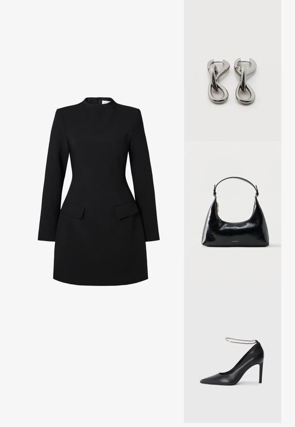 Sort kjole med høj krave, lange ærmer og tætsiddende silhouette. Har to frontlommer og syningsdetaljer for et struktureret look.; Sorte læder højhælede pumps med spids tå, der har en tynd sølvkæde ankelrem og en slank, glat tekstur.; Sort blank Calvin Klein håndtaske med gyldent lynlås og kort rem mod en ensfarvet hvid baggrund.; Par af sølvtonede metale øreringe med abstrakt sammenflettet løbedesign på hvid baggrund.