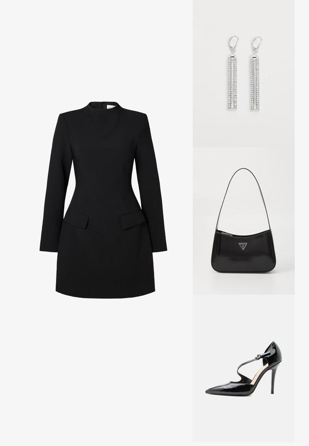 Vestido negro con un alto cuello, mangas largas y silueta ajustada. Cuenta con dos bolsillos frontales y detalles de costura para un aspecto estructurado.; Zapato de tacón alto de cuero de charol negro con punta puntiaguda y una fina correa en el tobillo que se abrocha con una pequeña hebilla.; Bolso de hombro de charol negro con forma curva, que presenta un logotipo triangular plateado y un cierre de cremallera. Textura suave y correa delgada.; Pendientes de plata con dos barras alargadas, cada una decorada con pequeños rhinestones claros en un patrón lineal. Cierre de presión.
