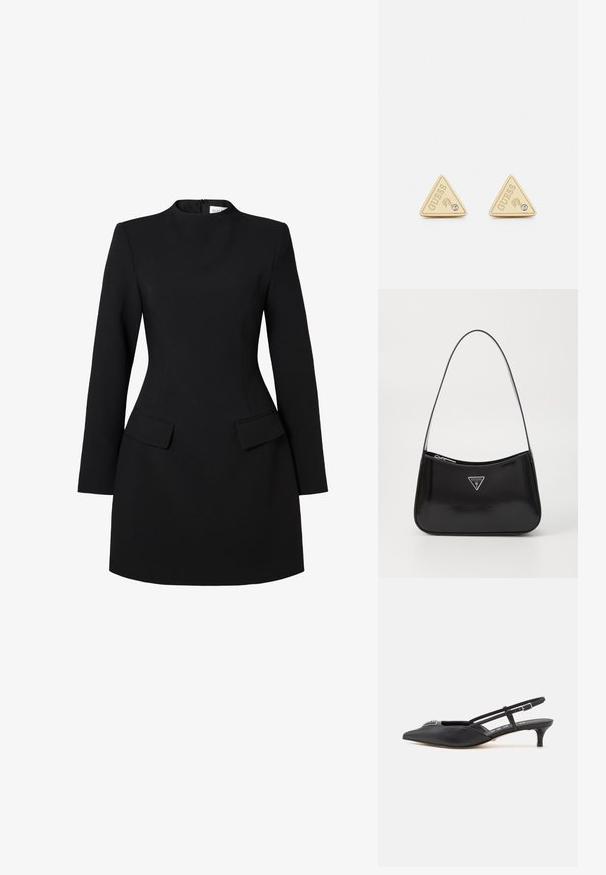 Sort kjole med høj krave, lange ærmer og tætsiddende silhouette. Har to frontlommer og syningsdetaljer for et struktureret look.; Sorte slingback-sko med spids tå, lavet af glat materiale, med en lille hæl og en dekorativ sølvaccent på vamps.; Sort patenteret læder skuldertaske med en buet form, prydet med et sølvfarvet trekantet logo og en lynlås-lukning. Glat tekstur og slank rem.; Guess PARTY - Øreringe - gold-coloured