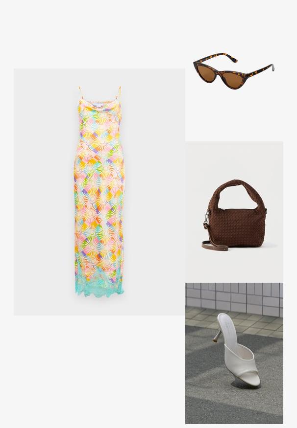 Robe longue sans manches avec un motif floral géométrique multicolore et une bordure en dentelle bleu clair le long de l'ourlet sur fond blanc.; Mule à talon haut blanc avec bout ouvert flottant au-dessus d'un fond de bitume gris et de mur carrelé.; Lunettes de soleil style œil de chat avec une monture en écaille de tortue noire et orange, verres marron et pointes effilées et élégantes. Présente un logo minimaliste sur la branche.; Sac à main marron tissé avec une poignée arrondie, des ferrures argentées et une bandoulière réglable. Il présente une fermeture éclair et une surface texturée.