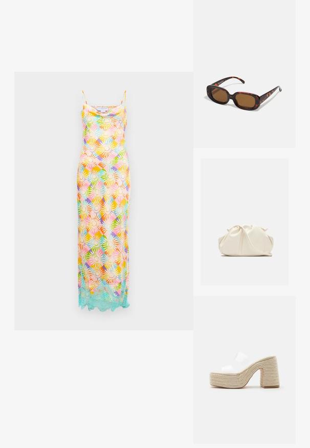 Robe longue sans manches avec un motif floral géométrique multicolore et une bordure en dentelle bleu clair le long de l'ourlet sur fond blanc.; Sandale plateforme avec talon et semelle beige tressés épais, dotée de deux larges brides blanches translucides sur le pied.; Lunettes de soleil en écaille de tortue avec une forme rectangulaire, verres marron, monture en plastique lisse et branches fines avec des motifs tonals subtils.; Pochette en cuir souple couleur crème avec un design froncé et une fine bandoulière reposant à l’avant sur un fond uni.