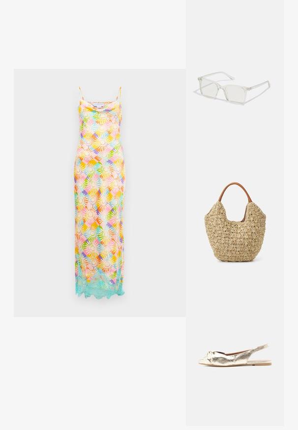 Vestido largo sin mangas con un patrón geométrico floral multicolor y un borde de encaje azul claro a lo largo del dobladillo sobre un fondo blanco.; Zapato plano metálico dorado tipo slingback con detalle anudado en la punta cerrada y suela color cuero.; Gafas cuadradas de plástico transparente con lentes translúcidos, que cuentan con acentos dorados en las patillas para un detalle adicional.; Bolsa de tote de paja trenzada con una textura natural y una forma suave y orgánica, con asas de cuero marrón para un fácil transporte.