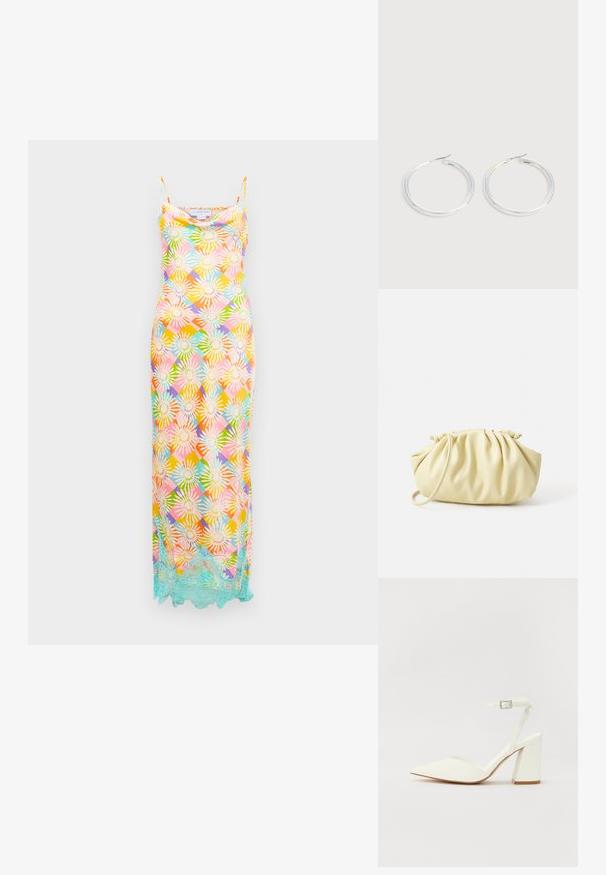 Vestido largo sin mangas con un patrón geométrico floral multicolor y un borde de encaje azul claro a lo largo del dobladillo sobre un fondo blanco.; Sandalia blanca de tacón con puntera afilada, correa ajustable en el tobillo y un tacón cuadrado grueso. Textura lisa con detalles de costura mínimos.; Bolso amarillo plisado hecho de cuero sintético suave, con una forma blanda y una sola correa para el hombro, además de un diseño de parte superior recogida.; Pareja de pendientes de aro plateados brillantes con cierres de alambre delgado, mostrados sobre un fondo gris claro.