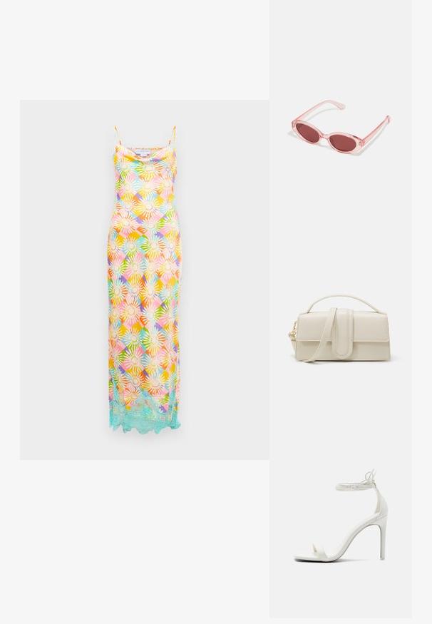 Vestido largo sin mangas con un patrón geométrico floral multicolor y un borde de encaje azul claro a lo largo del dobladillo sobre un fondo blanco.; Call it Spring Sandalias de tacón - white; Gafas de sol transparentes rosas con lentes ovalados, tinte rojo oscuro y varillas delgadas, con un acabado suave y detalles sutiles en la montura.; Bolso de mano de cuero color crema con forma rectangular, asa plana y correa desmontable; presenta un solapa frontal con cierre magnético.