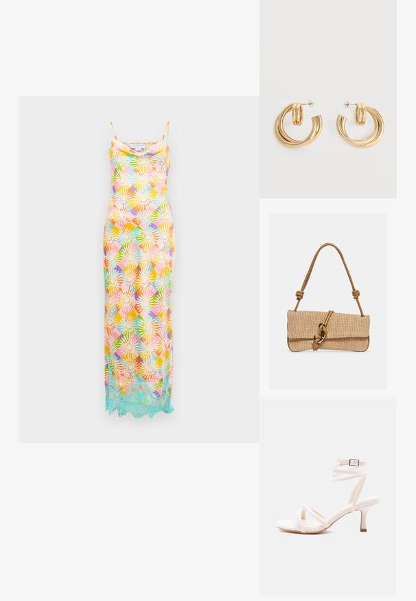 Vestido largo sin mangas con un patrón geométrico floral multicolor y un borde de encaje azul claro a lo largo del dobladillo sobre un fondo blanco.; Sandalia blanca de tacón con tiras en la parte delantera, correa envolvente en el tobillo con hebilla y tacón delgado de altura media, sobre un fondo liso.; Bolso de mano rectangular tejido en color beige con asa de cuero marrón claro que presenta nudos y un cierre de gancho en tono dorado sobre un fondo liso.; Par de pendientes de aro doble brillante de oro con cierres de presión sobre un fondo blanco.