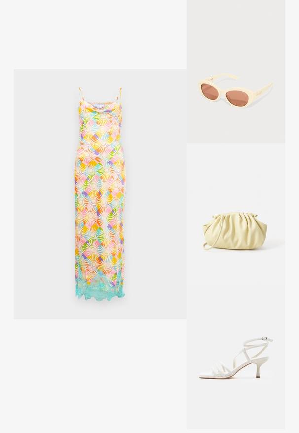 Vestido largo sin mangas con un patrón geométrico floral multicolor y un borde de encaje azul claro a lo largo del dobladillo sobre un fondo blanco.; Sandalia blanca de mujer con tiras, tacones delgados, tres tiras delanteras y una correa en el tobillo con hebilla plateada.; Gafas de sol con un marco de color amarillo pálido, lentes ovalados de tintado marrón y el logo de "vogue" impreso en las patillas. Textura suave, diseño contemporáneo.; Bolso amarillo plisado hecho de cuero sintético suave, con una forma blanda y una sola correa para el hombro, además de un diseño de parte superior recogida.