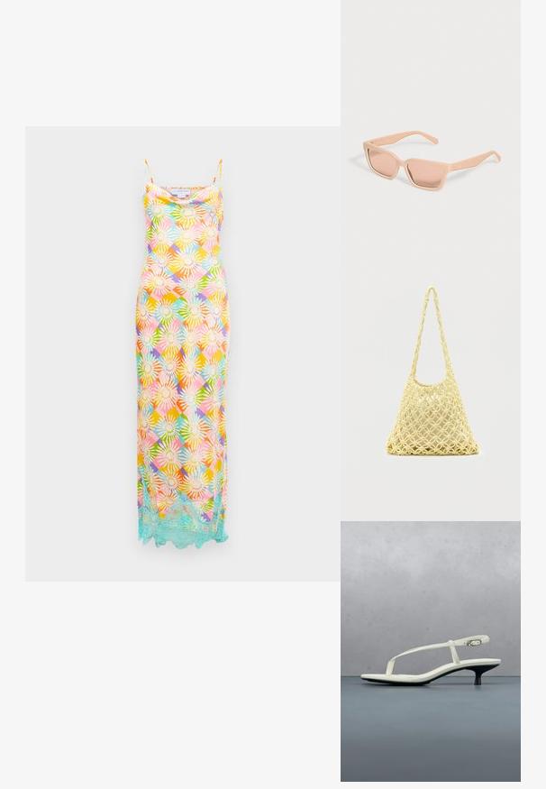 Vestido largo sin mangas con un patrón geométrico floral multicolor y un borde de encaje azul claro a lo largo del dobladillo sobre un fondo blanco.; Sandalia blanca de tacón kitten con tiras y punta afilada, flotando sobre un suelo de baldosas de madera al aire libre, con un fondo desenfocado de plantas y pared.; Gafas de sol rectangulares color melocotón claro con montura gruesa y lentes tintadas a juego sobre un fondo claro y liso.; Bolso de red de macramé amarillo con correa larga y bolsa beige en su interior, mostrado sobre un fondo blanco liso.