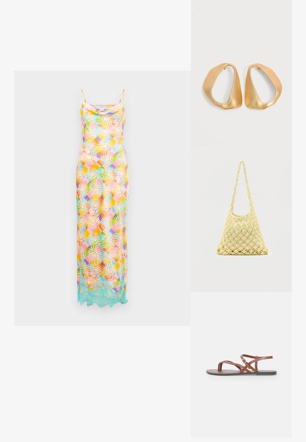 Vestido largo sin mangas con un patrón geométrico floral multicolor y un borde de encaje azul claro a lo largo del dobladillo sobre un fondo blanco.; Sandalias planas de cuero marrón con correas entrelazadas, diseño de punta abierta y una correa en el tobillo con hebilla. Textura suave y estilo minimalista.; Bolso de red de macramé amarillo con correa larga y bolsa beige en su interior, mostrado sobre un fondo blanco liso.; Par de pendientes de aro dorados irregulares y asimétricos con acabado suave y mate sobre fondo neutro.