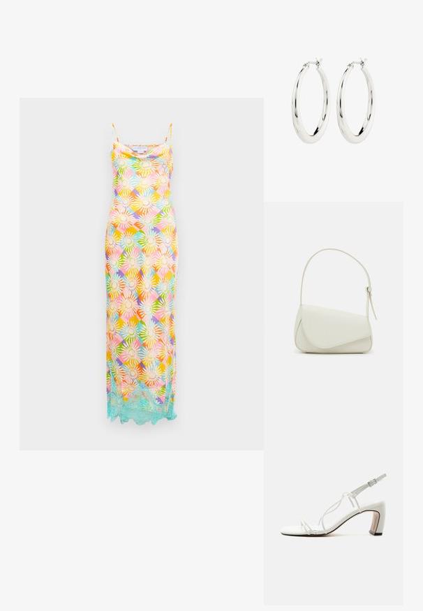 Vestido largo sin mangas con un patrón geométrico floral multicolor y un borde de encaje azul claro a lo largo del dobladillo sobre un fondo blanco.; Sandalia blanca con tiras, puntera cuadrada, tiras laterales delgadas, hebilla en el tobillo y tacón grueso curvado con borde de suela negra.; Bolso de mano de imitación cuero blanco con una forma triangular estructurada, correa ajustable única y cierre con solapa acentuada en curva.; Pendientes de aro de plata con un acabado suave y brillante. Forma circular, con un cierre seguro. Diseño sencillo y elegante.