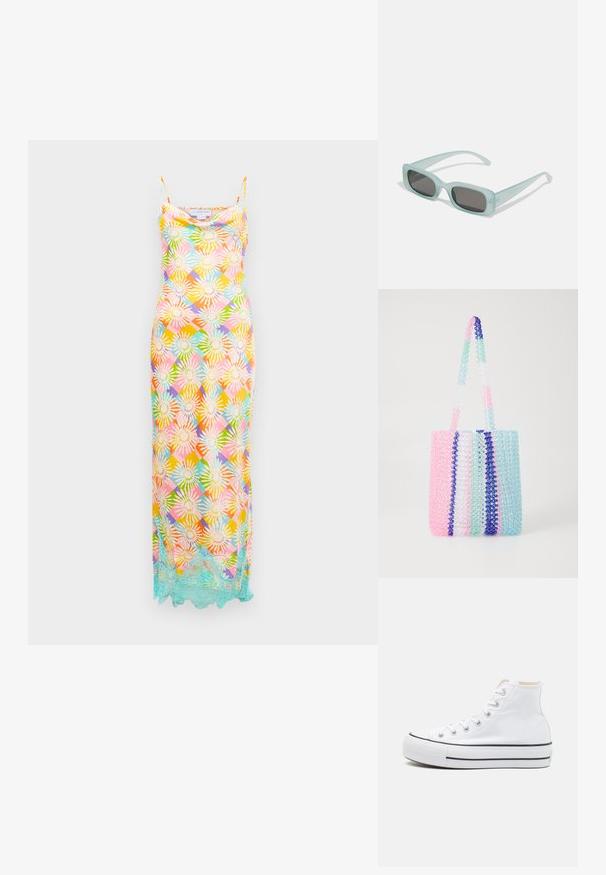 Vestido largo sin mangas con un patrón geométrico floral multicolor y un borde de encaje azul claro a lo largo del dobladillo sobre un fondo blanco.; Zapatillas altas blancas de material de lienzo, con suela de goma negra y una franja negra en el mediopie. Punta circular y diseño de cordones.; Un par de gafas de sol rectangulares con montura translucida azul clara y lentes gris oscuro, que cuentan con patillas rectas y detalles de hardware mínimos.; Bolsa de mano colorida hecha de cuentas transparentes. Presenta rayas en rosa, verde, azul y blanco. Dos asas de cuentas resistentes.
