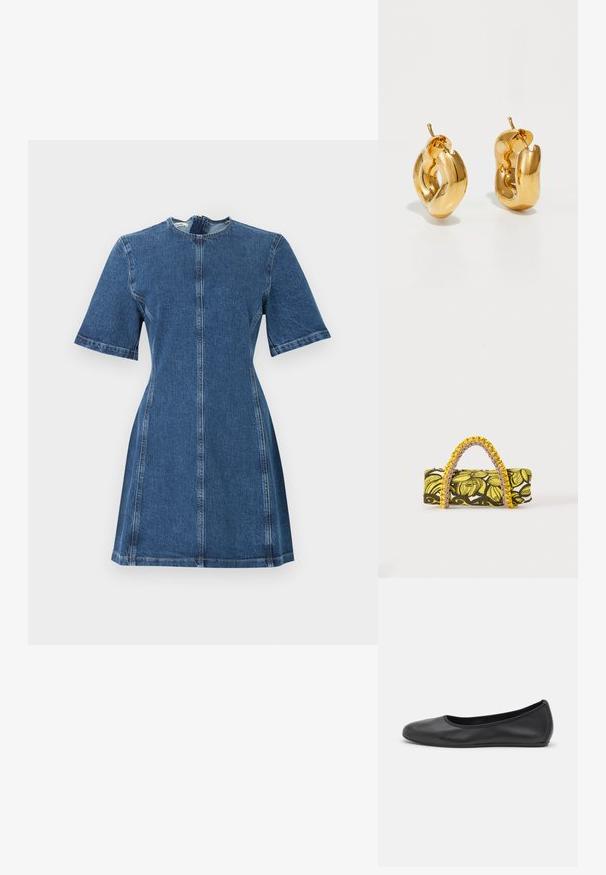 Robe courte en denim bleu avec manches courtes, taille cintrée, et coutures visibles verticales et horizontales sur un fond uni.; Ballerines en cuir noir avec un bout rond, texture lisse, détails de couture minimalistes et design de semelle flexible.; Sac rectangulaire avec motif floral jaune et noir et anse tressée jaune et rose sur fond blanc.; Boucles d'oreilles créoles en or massif avec un design tubulaire légèrement tordu et des fermoirs à tige sur un fond blanc.