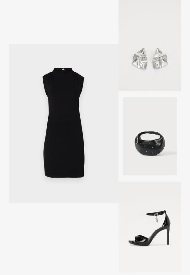Ärmelloses schwarzes knielanges Kleid mit hohem Halsausschnitt und einem kleinen Knopfverschluss hinten auf einem schlichten weißen Hintergrund.; Schwarze Lackleder-Pumps mit offenen Zehen, Knöchelriemen und einem silbernen Charme-Akzent. Verfügt über ein schlankes, modernes Design.; Schwarze Lederhandtasche mit abgerundeter Form, verziert mit silbernen Nietenakzenten und kurzem Griff. Glatte Struktur und Reißverschlussverschluss.; Silberne Metallohrringe mit einem wellenförmigen, skulpturalen Design, das eine polierte Oberfläche und unregelmäßige Formen aufweist, die eine zeitgenössische Ästhetik betonen.