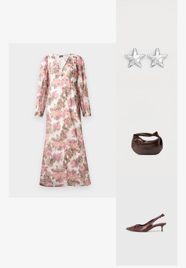 Lang blomsterkjole med pink, lilla og beige blomster, lange pufærmer, V-halsudskæring og knaplukning foran.; Bordeaux læder slingback hæl med spidse tå, justerbar rem og dekorativ sløjfedetalje foran. 7,5 cm hælhøjde.; Mørkebrun læder skuldertaske med en blød, afslappet form og et snoet knudehåndtag på en ensartet hvid baggrund.; Sølvstjernede øreringe med en poleret, blank overflade. Hver ørering har fem spidser og subtile teksturdetaljer på overfladen.
