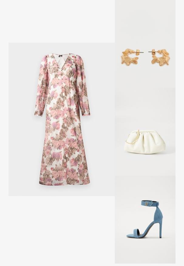 Lang blomsterkjole med pink, lilla og beige blomster, lange pufærmer, V-halsudskæring og knaplukning foran.; Blå denim højhælede sandaler med ankelrem og knaplukning. Har en firkantet tå og en sort sål for kontrast.; Hvid læderhåndtaske med en samlede design, forsynet med en guldkæde-strop og en rund form. Glat tekstur med bløde folder og ingen mønstre.; Øreringe i guldfarve med en abstrakt, organisk form, der har en tekstureret overflade og lukkemekanisme med stik.
